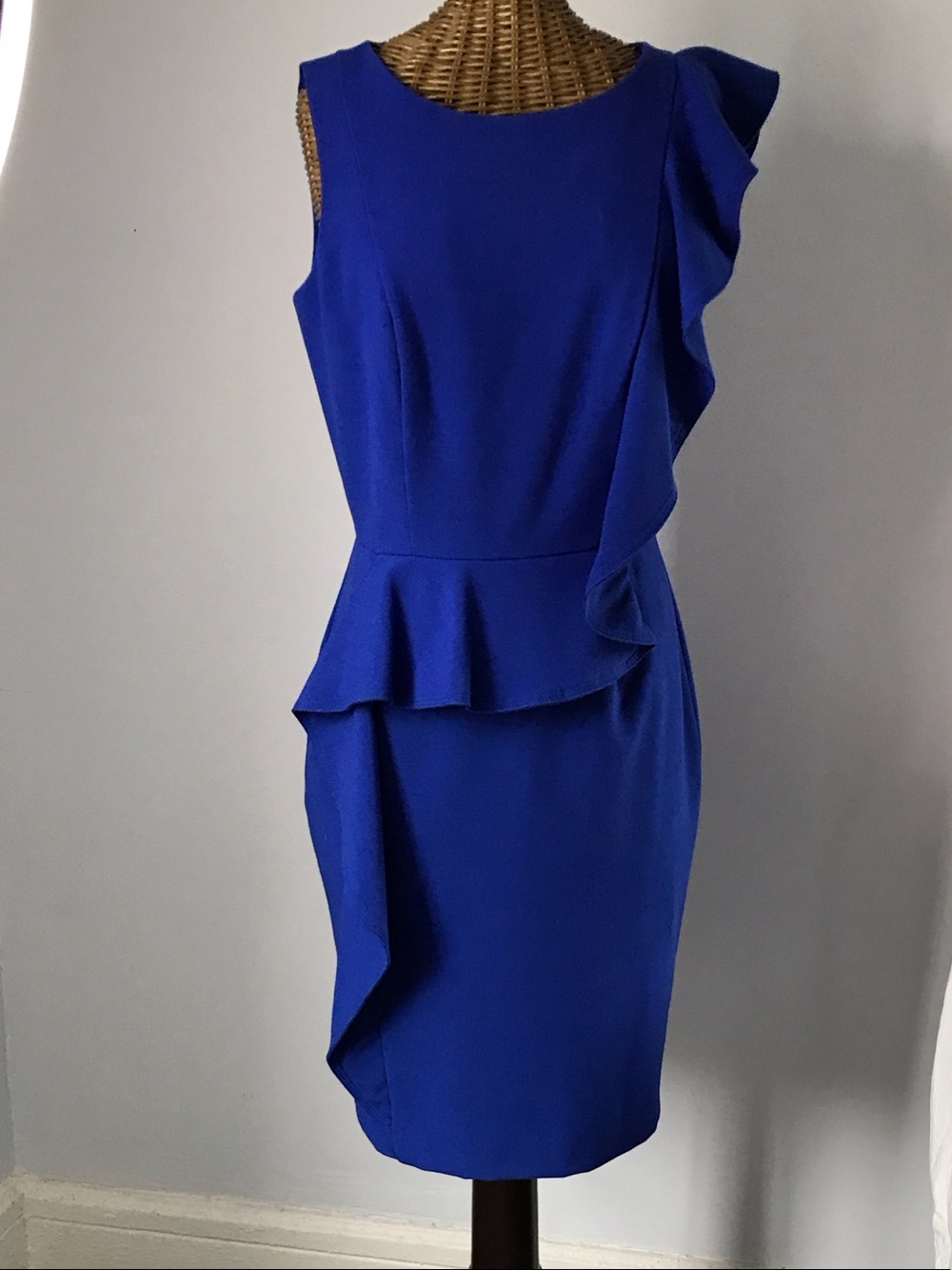 Calvin Klein Cobalt Blue One-Shoulder Peplum Ruffle Midi Dress